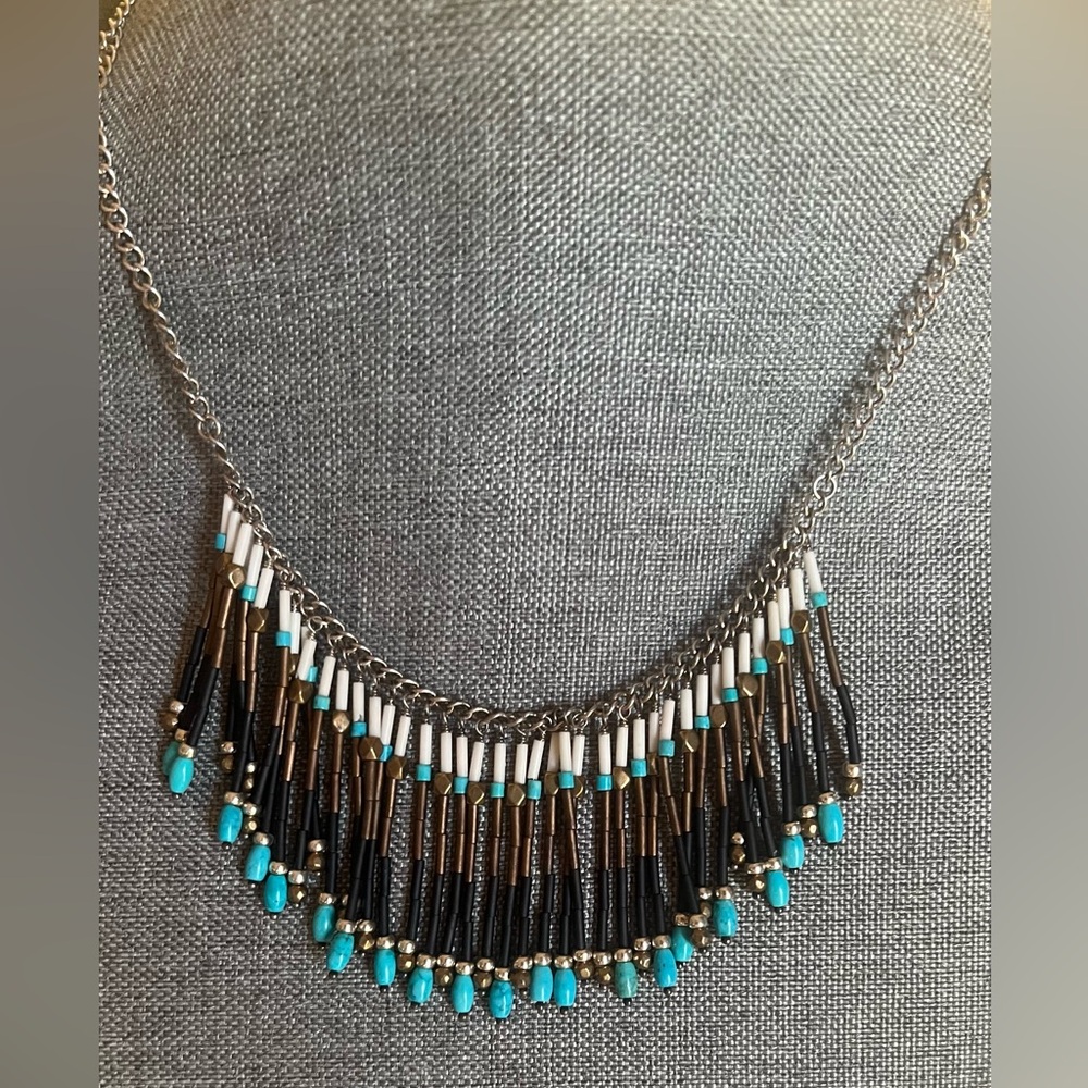 Silpada Fringe Necklace Blue Turquoise Howlite Gems Southwest Brass Western - Picture 1 of 11